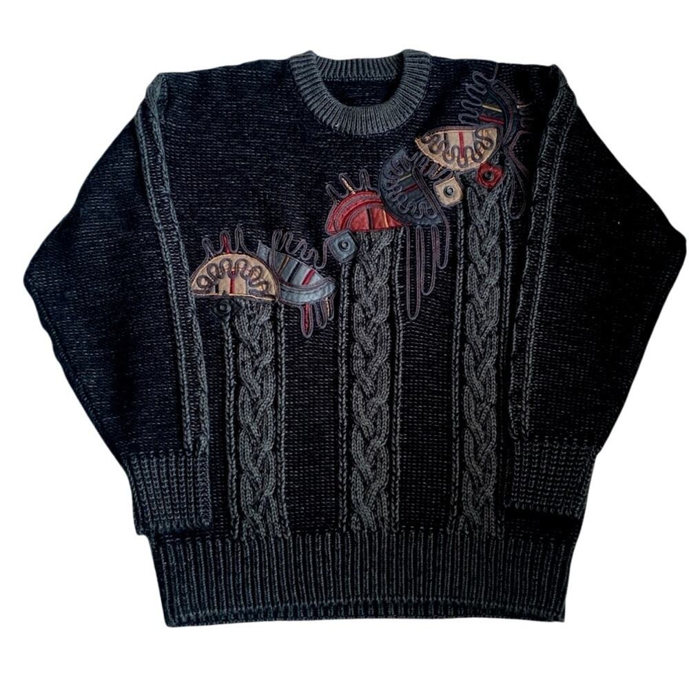 Vintage 80s Crew Neck Black Gray Knit Sweater Men Large Embroidered Abstract